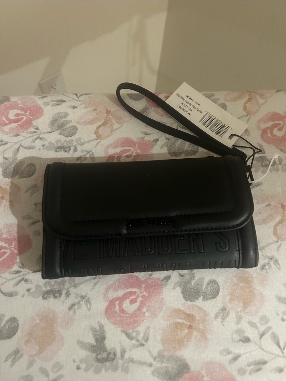 Steve Madden Black Embossed Logo Wristlet Clutch